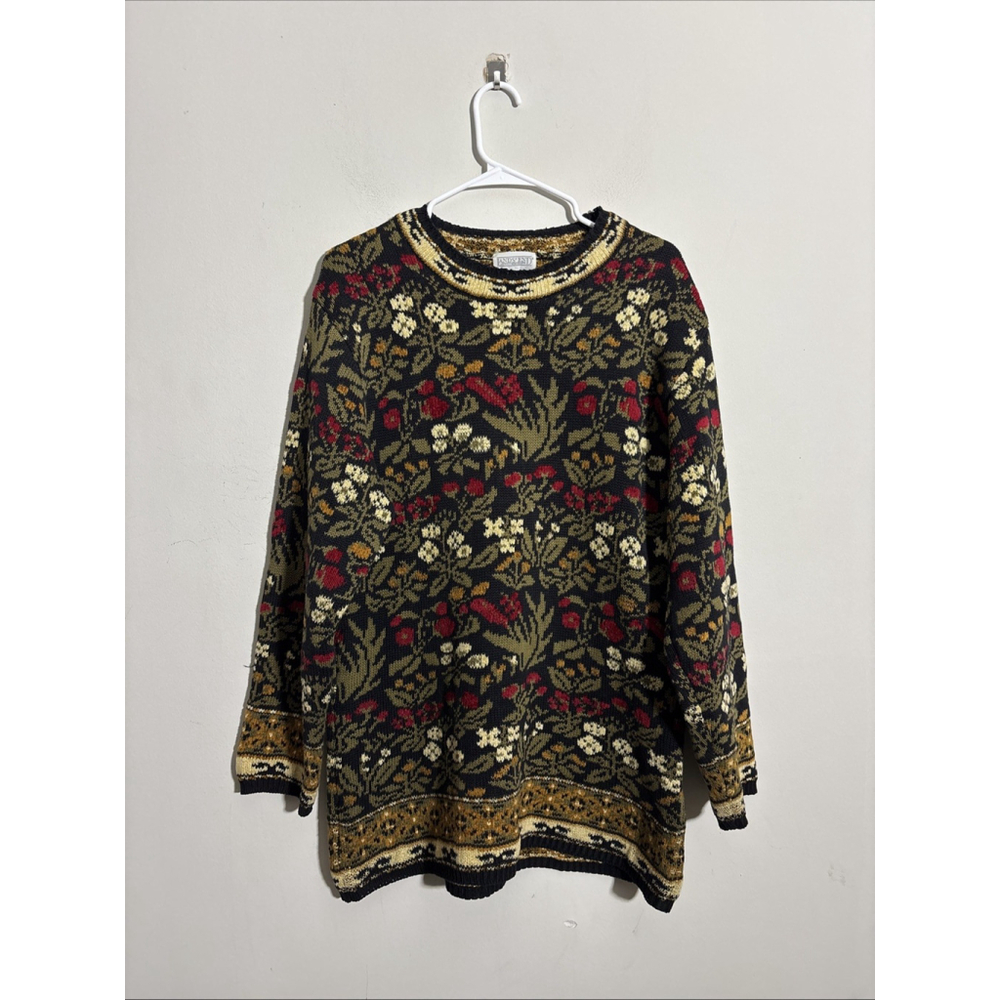 VINTAGE WOMEN’S LANDS’ END SWEATER DRESS COTTON SIZE LARGE L FLORAL 80s 90s